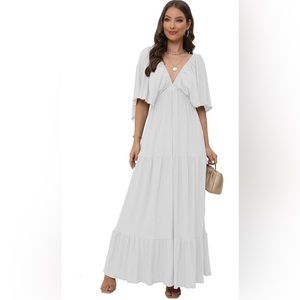 Women's Summer V-Neck, Tiered Silhouette with Flutter Sleeves Maxi Dress